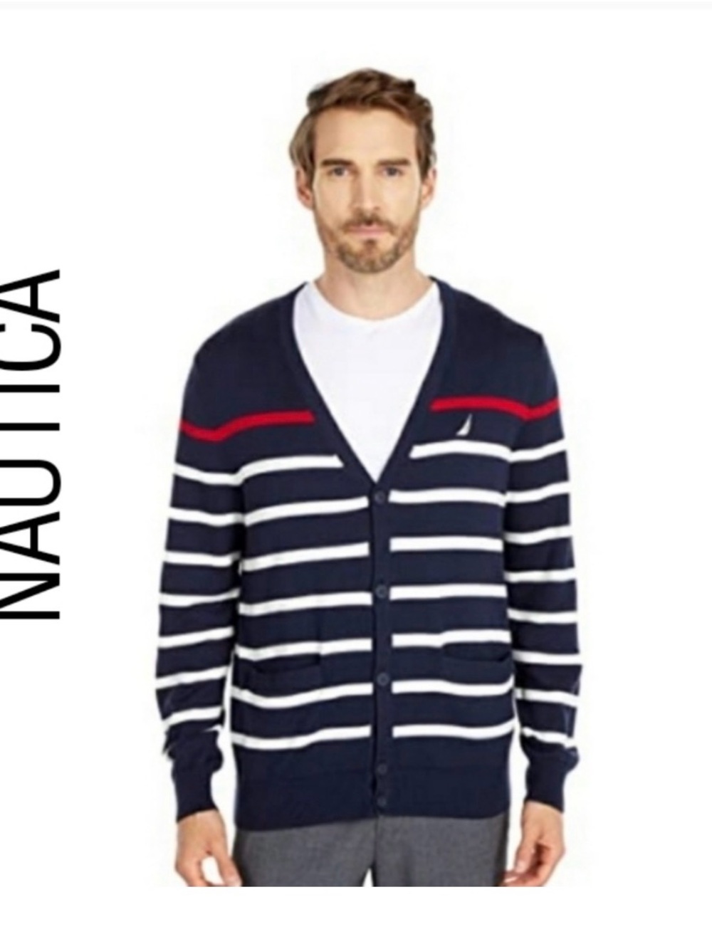Nautica Men’s Navy Striped V‑Neck Cardigan Sweater Size Large NWOT